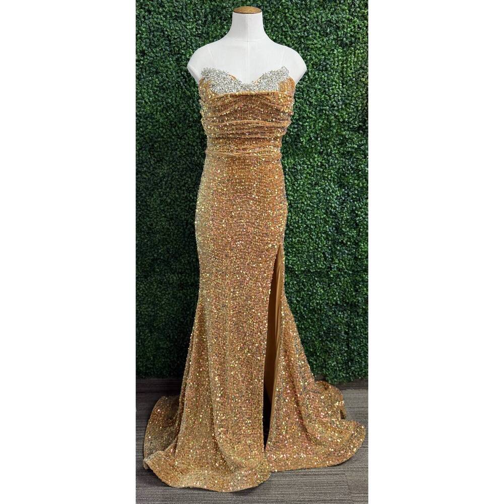 NEW JESSICA ANGEL strapless sequin prom dress in yellow gold